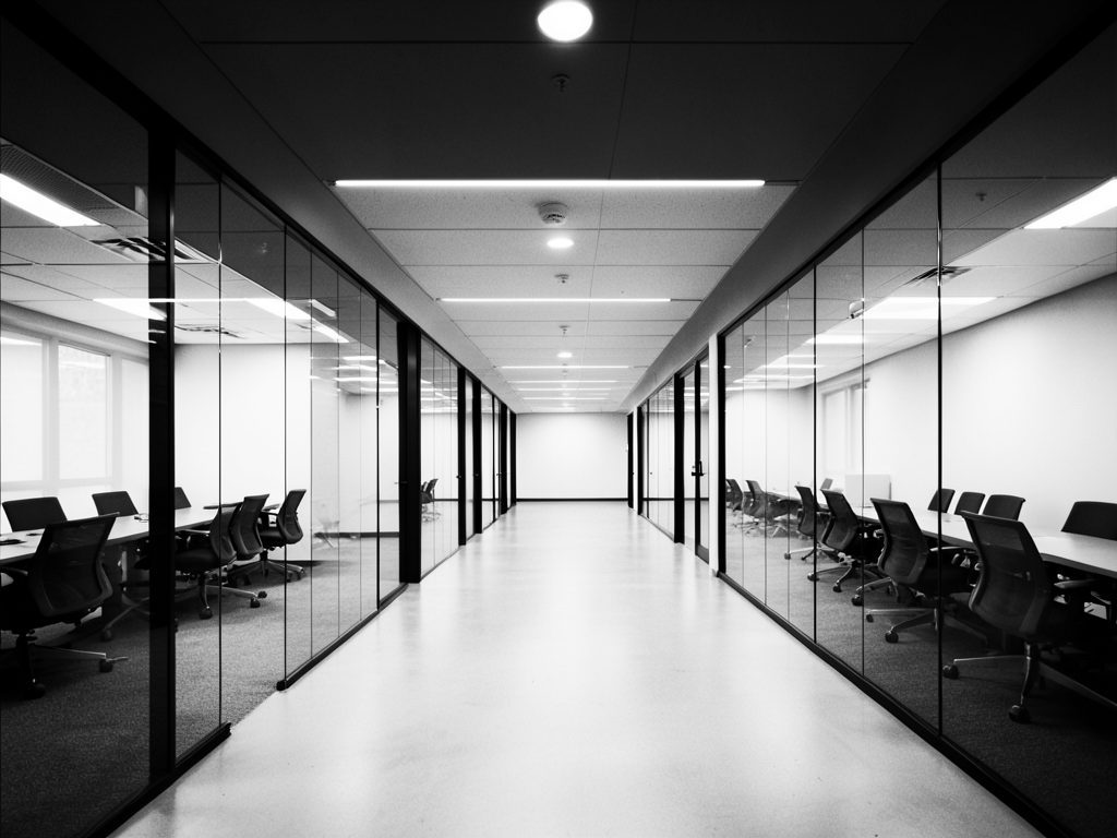 Infotraq Buildings: a long glass-walled office corridor with meeting rooms, in black and white