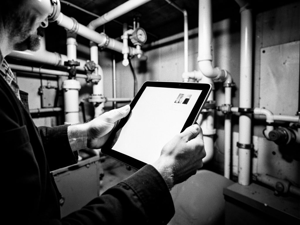 Infotraq Operations: a technician with a tablet in a plant room full of pipework, in black and white